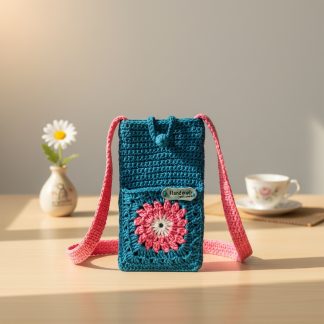 z Geanta pentru telefon mobil SACTÉL 7, crosetata manual, cu buzunar pentru accesorii - albastru-roz
