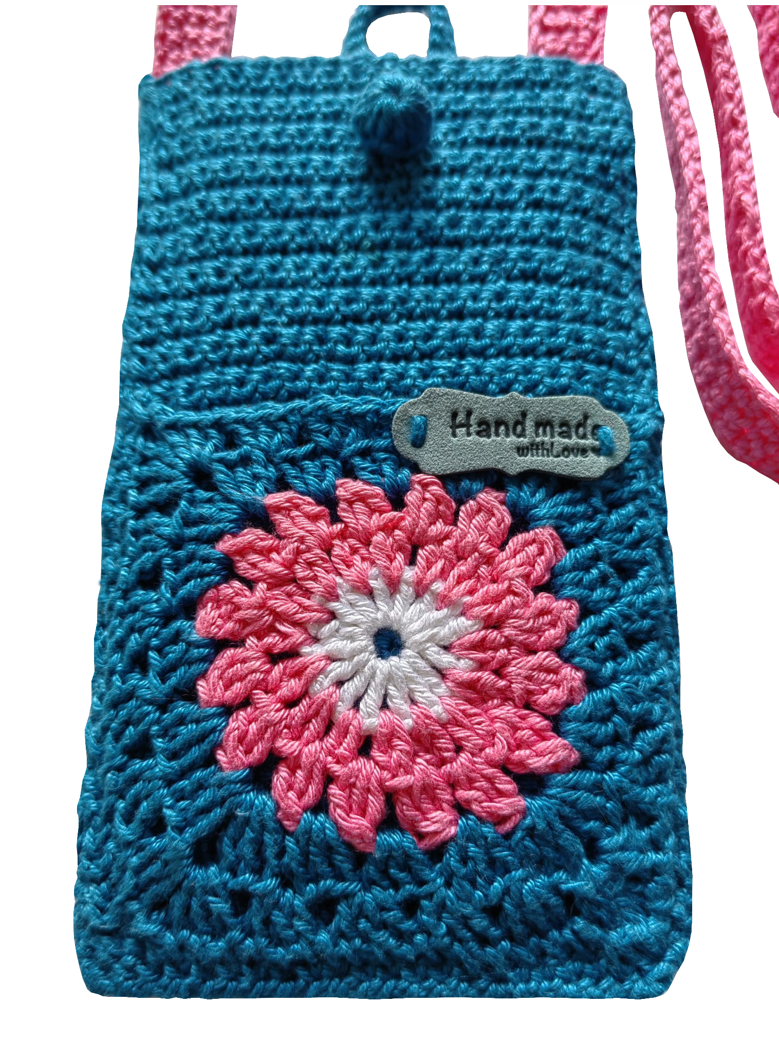 z Geanta pentru telefon mobil SACTÉL 7, crosetata manual, cu buzunar pentru accesorii - albastru-roz - imagine 4