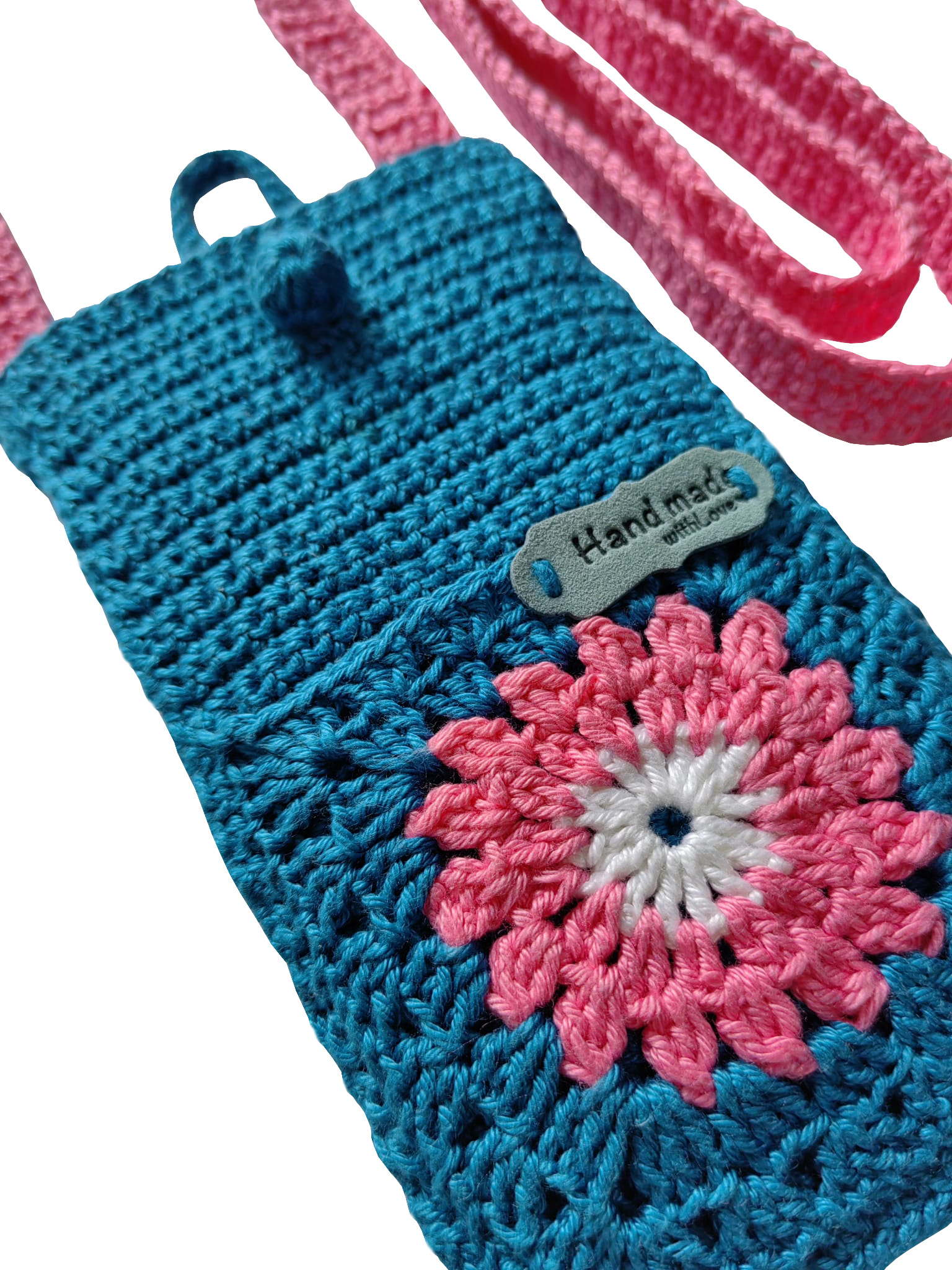 z Geanta pentru telefon mobil SACTÉL 7, crosetata manual, cu buzunar pentru accesorii - albastru-roz - imagine 3