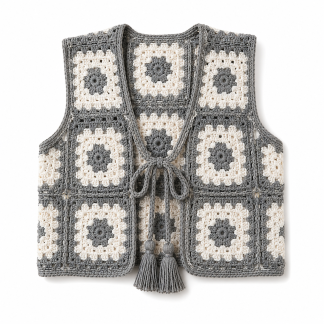 Vestă Croșetată Handmade Granny Square Gri si Alb – Stil Boho pentru Femei